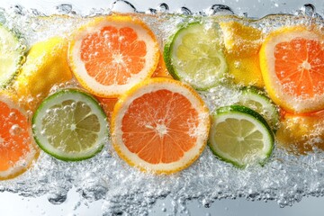 Frozen citrus slices including oranges lemons and limes in ice