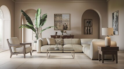 Elegant living room, beige tones, arched doorways, tranquil setting, home interior design