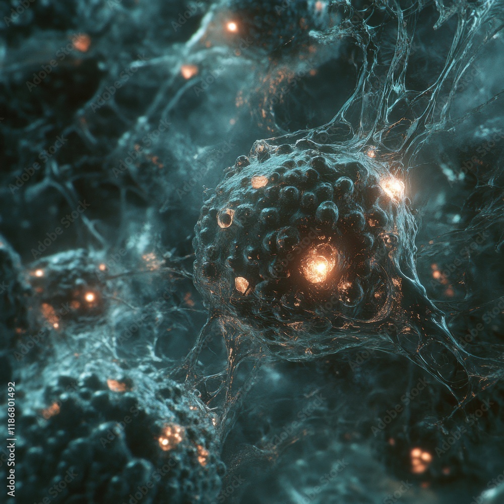 Poster cancer cells illuminated with glowing edges showcasing intricate cellular structures and interaction