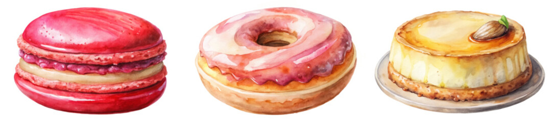Colorful dessert illustrations, watercolor style, macarons, donuts, cheesecake, sweet treats, bakery art, food design.