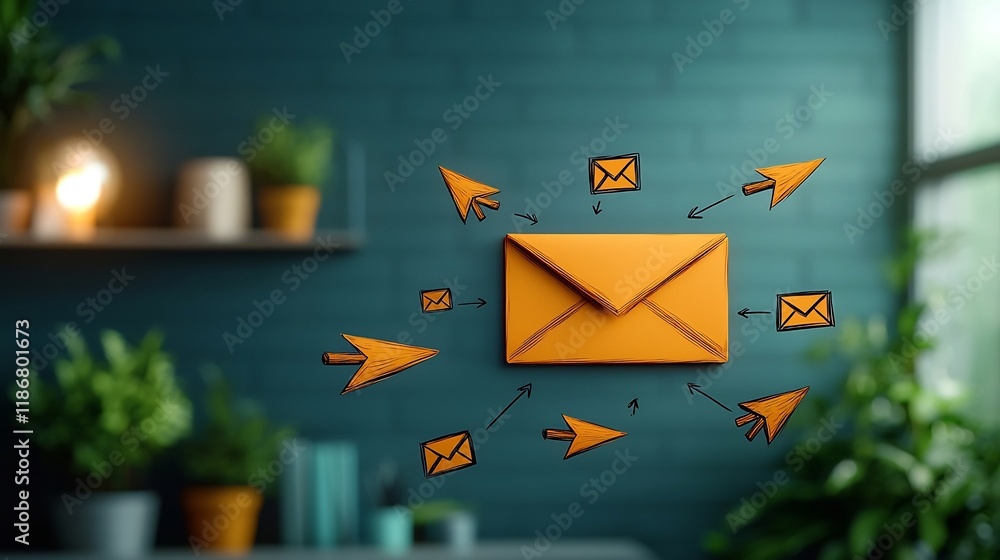 Poster collaborative digital connections represented by a whimsical hand drawn mailbox icon with navigation