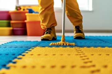 Cleaning Crew in Action: A low-angle shot captures the legs of a cleaning worker using a mop on a colorful interlocking floor. The worker wears yellow overalls, emphasizing cleanliness and hygiene.