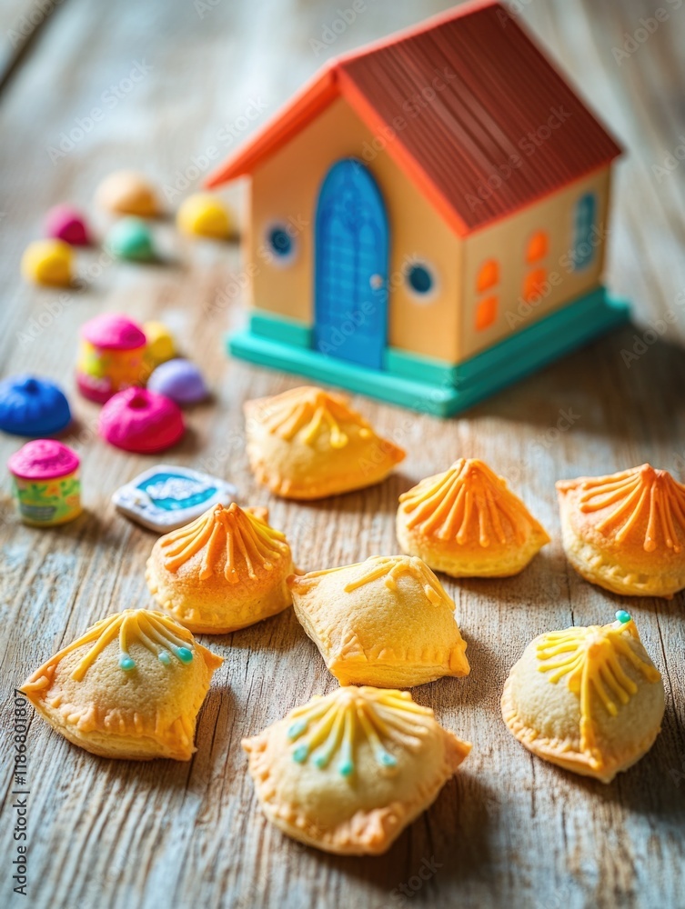 Poster a delightful display of colorful cookies shaped like seashells, arranged as if they were part of a c