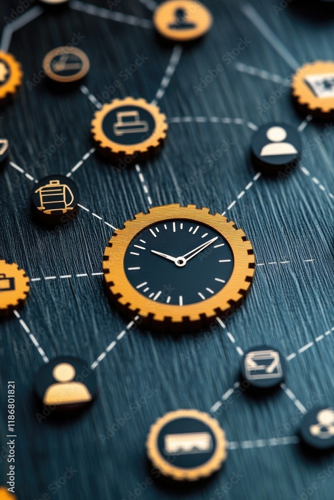 Poster gear clock linked to social media icons with gears for each hour. symbolizing interconnectedness or 