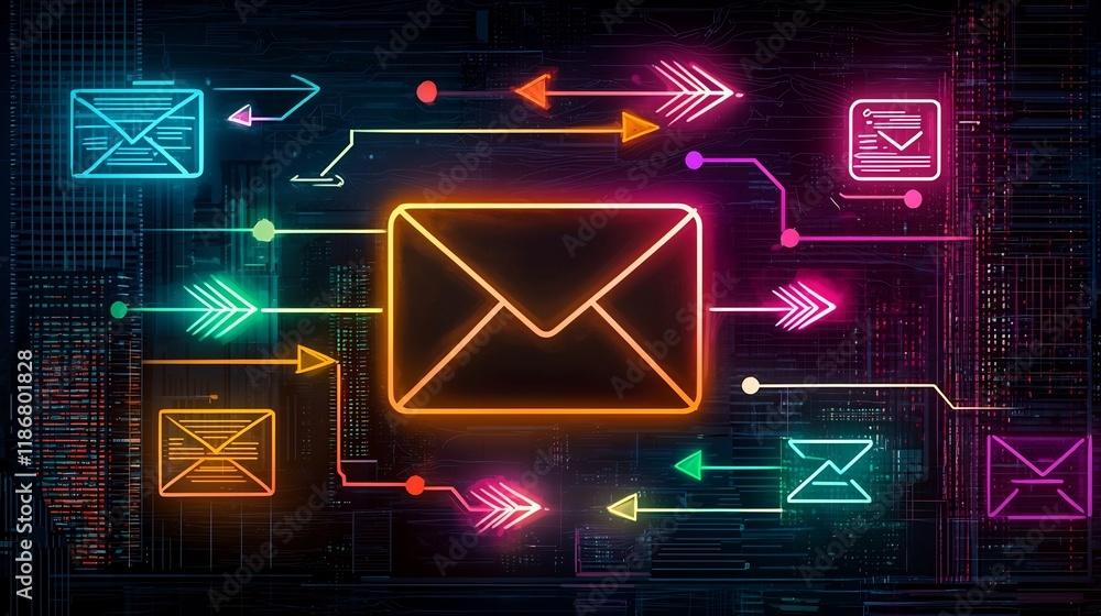 Poster vibrant sketch like depicting a global digital communication network with envelope icons dynamic dat