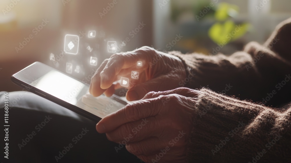 Aufkleber wrinkled hands browsing social media apps on a tablet with notification icons floating above the scr