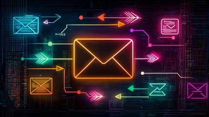 Vibrant sketch like depicting a global digital communication network with envelope icons dynamic data streams bold linework