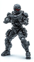 Armored super soldier standing in tactical pose, wielding high-tech assault rifle, radiating combat-ready intensity and military precision
