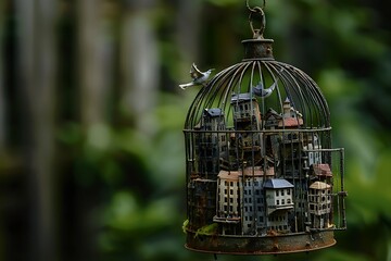 Birdcage with a miniature city inside, juxtaposing confinement and freedom.