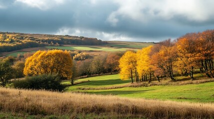 Fototapeta premium Scenic Autumn Landscape with Vibrant Yellow and Orange Trees Under a Cloudy Sky : Generative AI