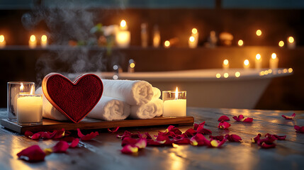 A luxurious spa scene with a heart-shaped towel arrangement, lit candles, and rose petals scattered around a steaming bathtub. 