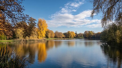 Obraz premium Tranquil autumn lake surrounded by vibrant trees under blue sky : Generative AI