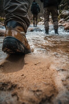 Rain-soaked hikers trudge across stream