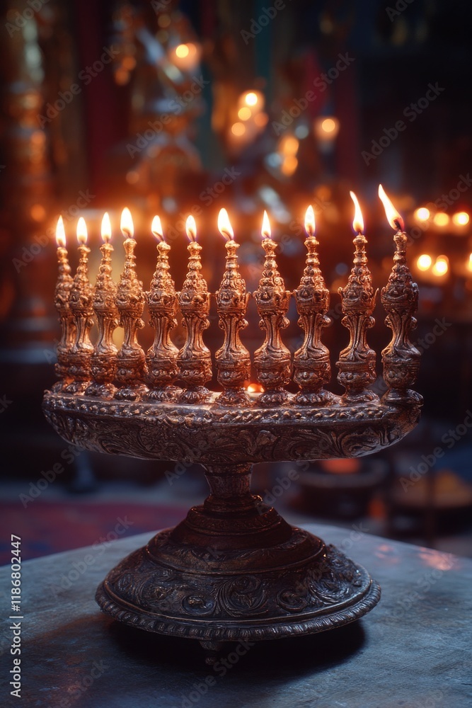 Poster beautiful menorah with many candles lit on it sits on a table. the candles are evenly spaced and the