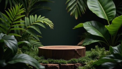 Fototapeta premium Eco-friendly product display on dark wood pedestal adorned with lush greenery and a tropical jungle backdrop perfect for sales promotions