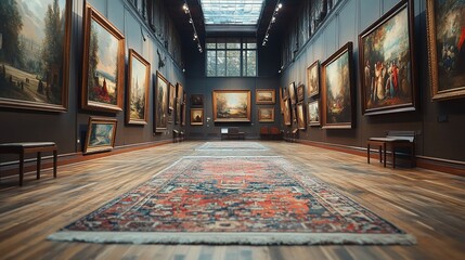 Obraz premium Art Gallery Interior Featuring Numerous Paintings and Rugs