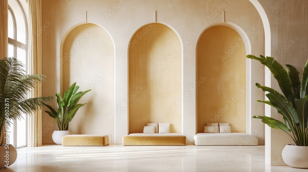 Poster room with three arched openings and a white wall. the room is empty and has a minimalist design