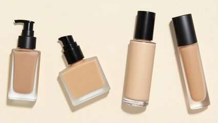 Collage of skin-foundation bottles on a clear backdrop. Concepts of beauty and fashion