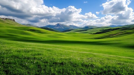 Fototapeta premium Vast Green Landscape with Rolling Hills and Blue Sky on a Clear Day in Countryside : Generative AI