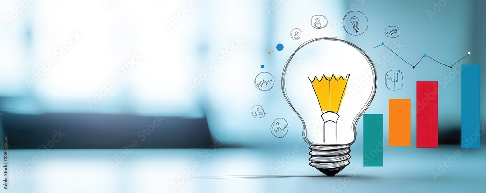 Poster a light bulb symbolizes innovation and ideas, surrounded by graphs and data, representing growth and