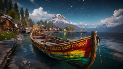 Fototapeta premium Enchanting Deep Blue Night Sky Over Calm Waters with a Colorful Boat