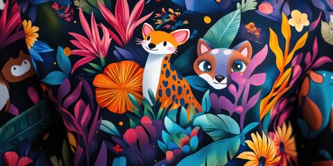 Fototapeta premium Colorful shirt with a forest scene and animals on it. The animals are a fox and a giraffe