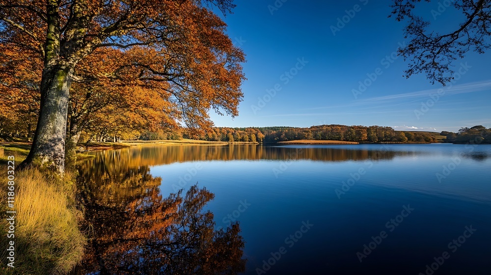 Poster serene lake with autumn trees reflection in tranquil natural setting : generative ai