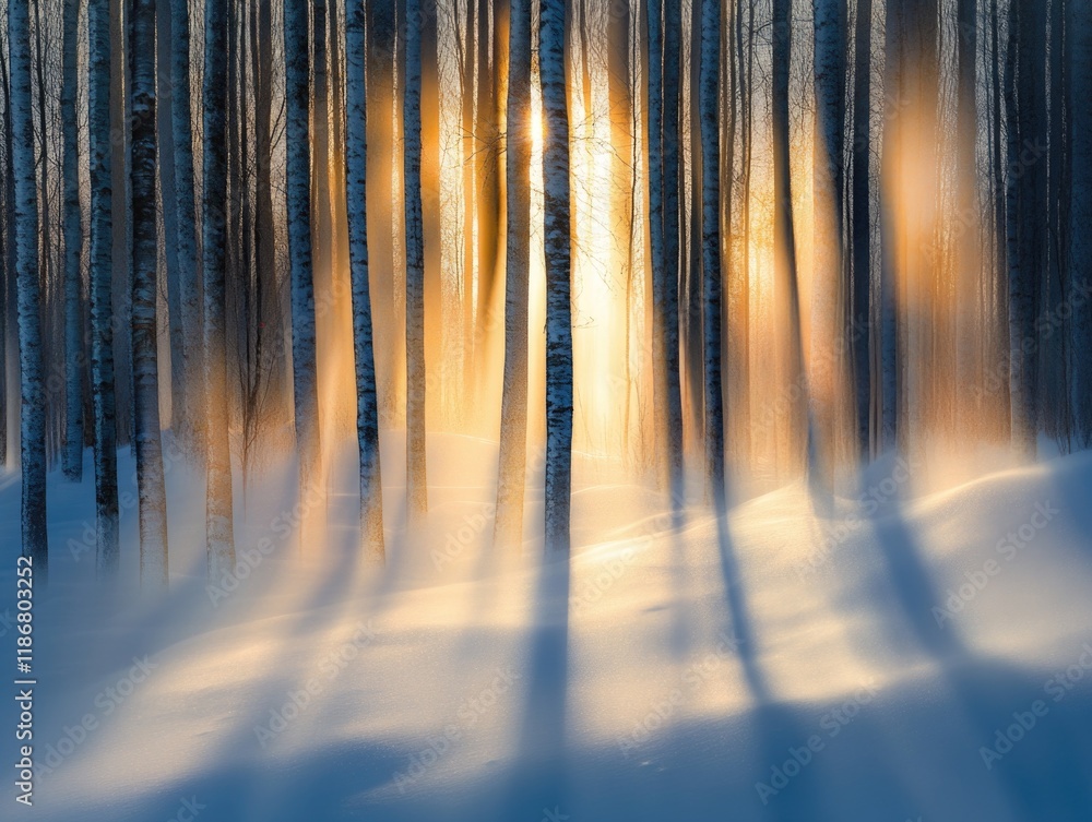 Poster forest with snow on the ground and trees with their shadows cast on the snow. the sun is shining thr