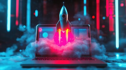 Rocket illustration popping out of laptop screen, startup concept, background with neon lights. Generative AI illustration
