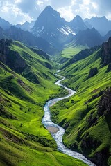 Fototapeta premium Mountain range with a river running through it. The river is green and the mountains are covered in snow. The scene is peaceful and serene, with the mountains and river creating a beautiful