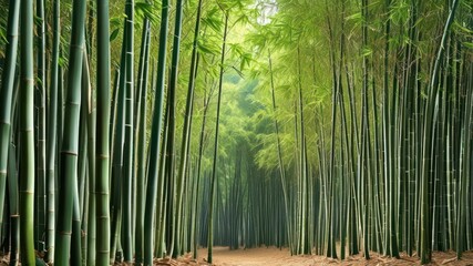 Fototapeta premium Lush bamboo forest with tall green plants creating a serene and tranquil atmosphere