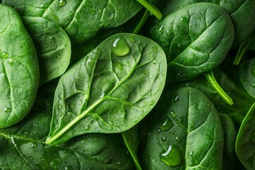Closeup of fresh green spinach leaves with water droplets