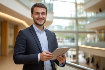 Fototapeta premium Confident Businessman with Tablet: A friendly, successful young businessman smiles confidently while holding a tablet in a modern, bright office building. He exudes professionalism and success.