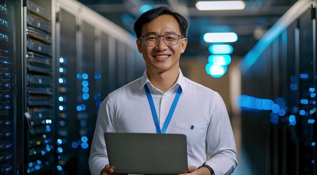 Confident IT Professional: A young Asian male IT professional, holding a laptop, stands confidently in a data center aisle, surrounded by rows of servers.