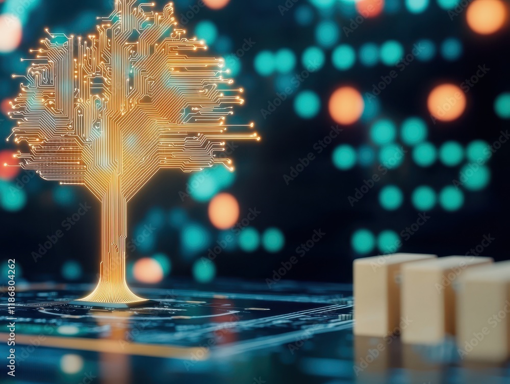 Poster a glowing circuit tree stands on a digital background, symbolizing the fusion of technology and natu