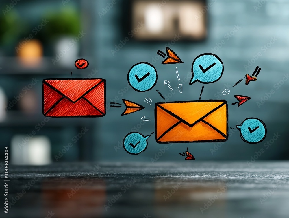 Poster collaborative global connection with hand drawn user arrows and mail icons in vibrant color scheme p