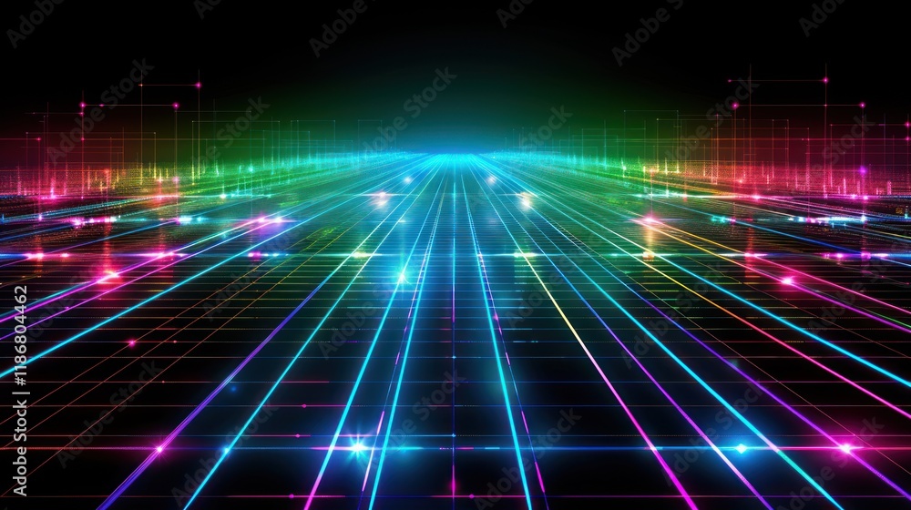 Poster abstract colorful grid lines converging at vanishing point, glowing lights.