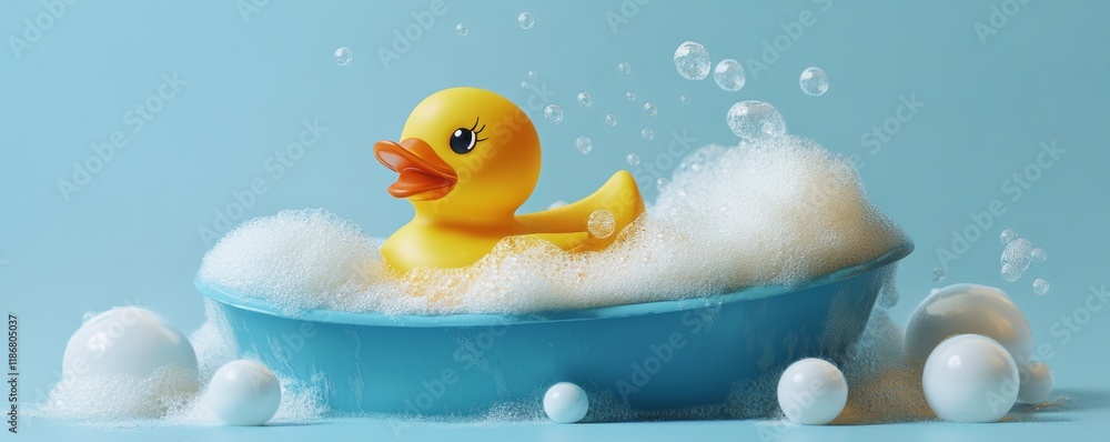 Poster yellow rubber duck floating amid white foam, bobbing playfully in sudsy bathwater with sparkling soa
