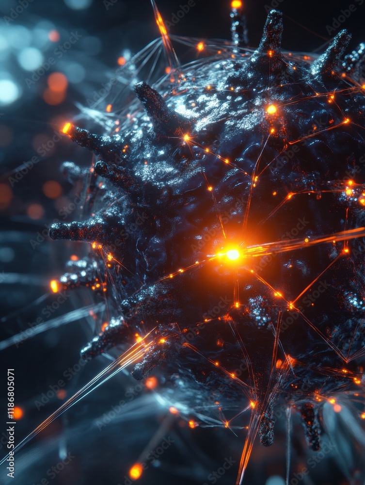 Poster detailed 3d visualization reveals intricate virus structure with glowing molecular features and rna 