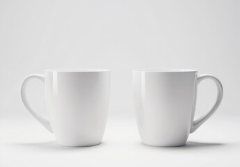 Blank Ceramic Mugs: Two pristine white ceramic mugs, their smooth surfaces inviting customization, stand side-by-side in a clean, minimalist setting.