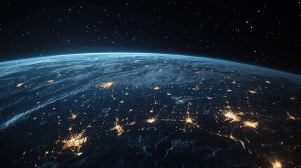 Obraz premium Wide shot of Earth from space, nighttime lights glowing with stars in the background