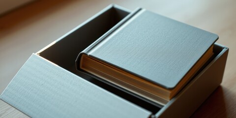 Gray textured book with gold gilded edges resting in a matching box with an open flap