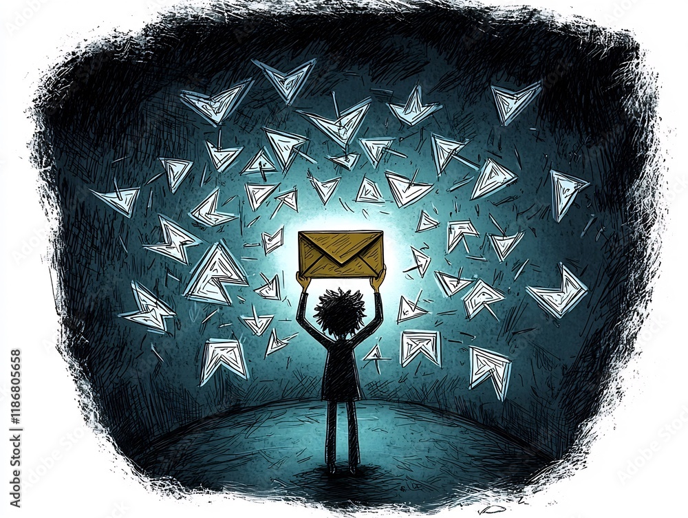 Poster conceptual hand drawn depicting a solitary figure grasping an envelope surrounded by a network of in