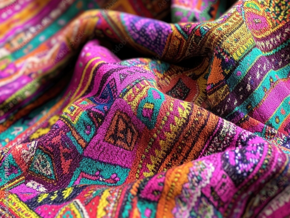 Poster colorful piece of fabric with a pattern of squares and triangles. the colors are bright and the desi