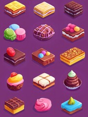 Cartoon sweets. Cake candy chocolate biscuit. Isolated pieces of birthday cakes. Dessert isometric icons, colorful breakfast in cafe or sweet shop vector elements