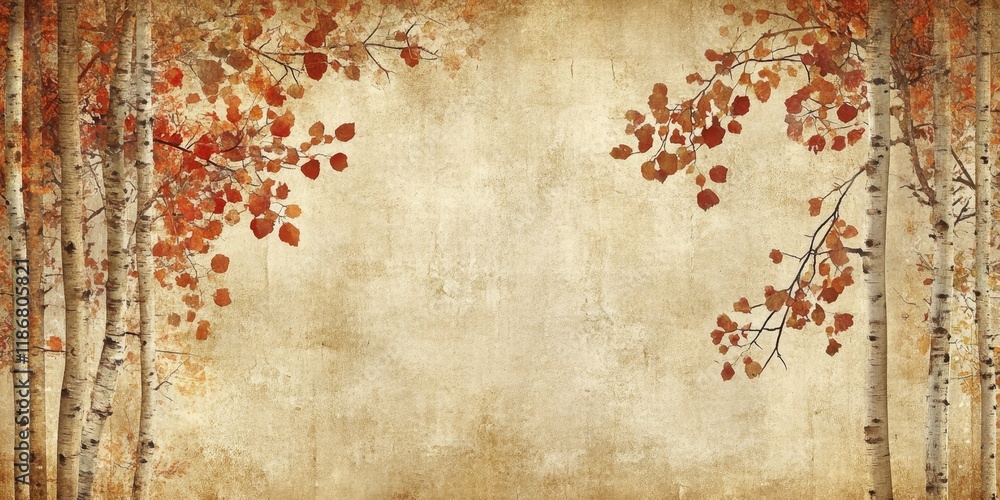 Poster textured old paper background featuring autumnal aspen elements, creating a charming and rustic sett