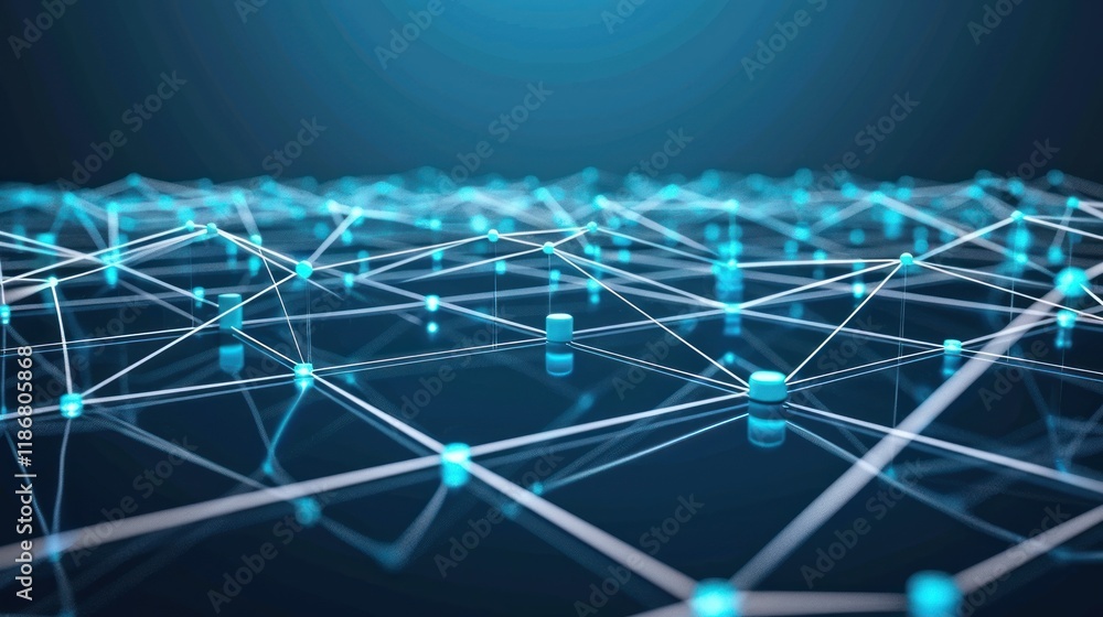 Poster abstract network connection, glowing nodes and lines on dark background.