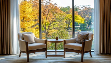 Fototapeta premium Japanese-Style Hotel Room with Elegant Wooden Table and Chairs. Large Window Showcases Stunning Autumn Views of Colorful Trees.