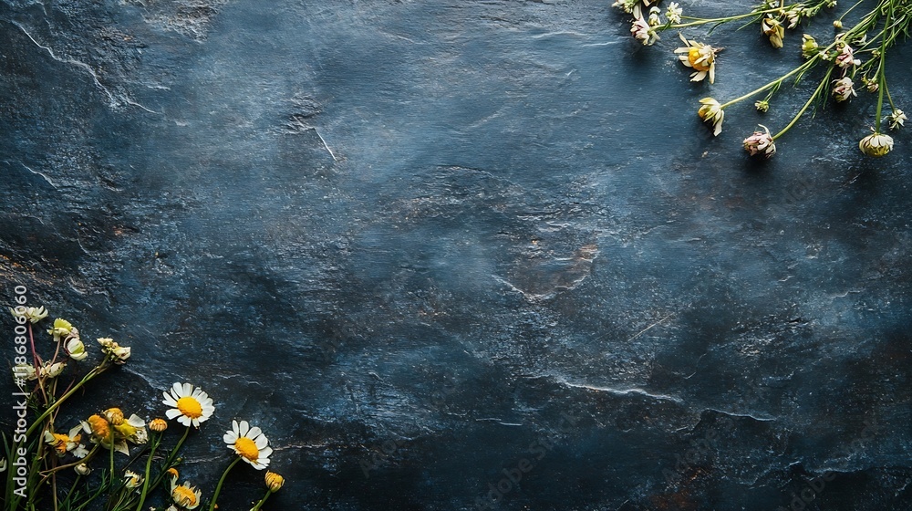 Poster flat lay of daisies and wildflowers on dark stone textured background : generative ai