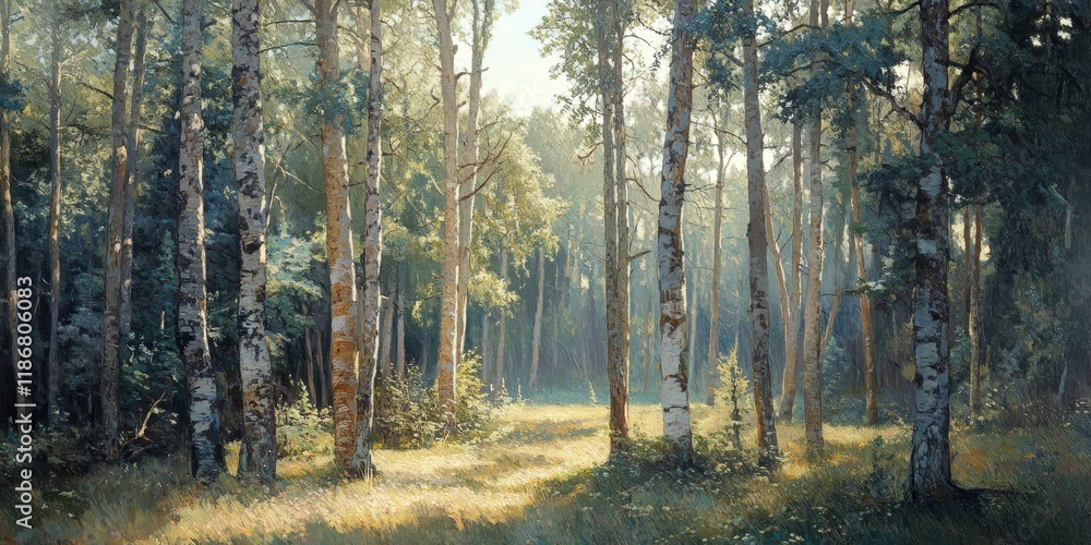 Poster sunlight filters through a dense forest, creating enchanting shadows on tall, slender trees with bro